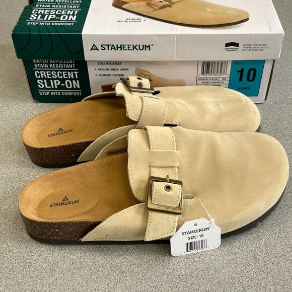 NEW Staheekum Suede Women's Size 10 Crescent Slip-On Cork Sandals Tan - Picture 1 of 7